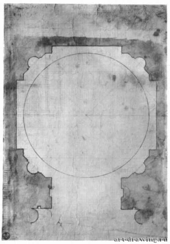 План Капеллы Киджи в Санта Мария дель Пополо в Риме. 1512-1513 - 187 х 139 мм. Перо, отмывка, по рисунку стилом на грунтованной и расчерченной на квадраты бумаге. Флоренция. Галерея Уффици, Кабинет рисунков и гравюр.