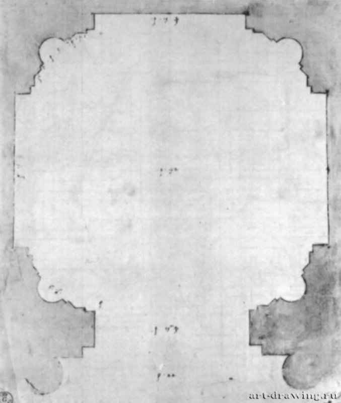 План Капеллы Киджи в Санта Мария дель Пополо в Риме 1512-1513 - 315 х 270 мм. Перо, отмывка, по рисунку стилом на грунтованной и расчерченной на квадраты бумаге. Флоренция. Галерея Уффици, Кабинет рисунков и гравюр.