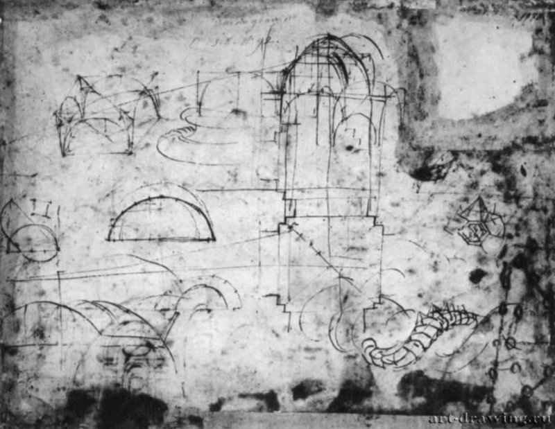 Архитектурные наброски к проекту собора Святого Петра в Риме. 1513 - 264 х 345 мм. Перо, отмывка по подготовке стилом, на бумаге. Флоренция. Галерея Уффици, Кабинет рисунков и гравюр.
