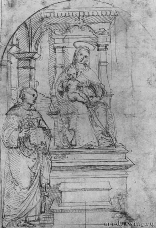 Мадонна на троне и святой Николай Толентинский. 1502 - .233 х 154 мм. Перо по рисунку черным металлическим штифтом, на бумаге. Франкфурт-на-Майне. Художественный институт Штеделя, Гравюрный кабинет.