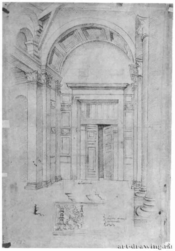 Вестибюль римского Пантеона. 1505 - 407 х 277 мм. Перо на бумаге. Флоренция. Галерея Уффици, Кабинет рисунков и гравюр.