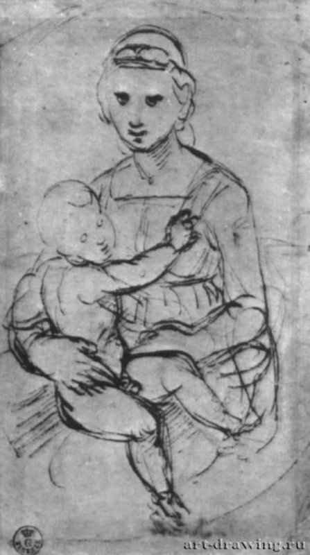 Мадонна с младенцем. 1505-1506 - 157 х 91 мм. Перо на бумаге. Флоренция. Галерея Уффици, Кабинет рисунков и гравюр.
