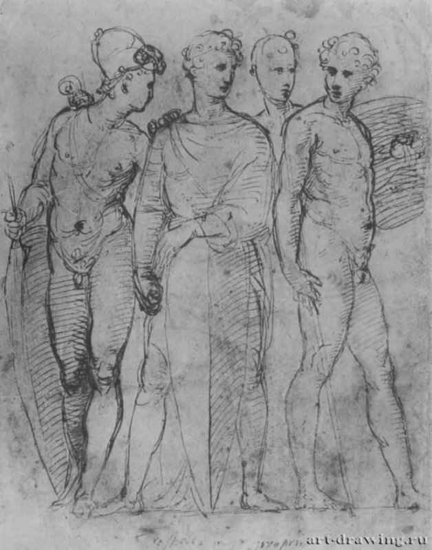 Четыре молодых воина. 1506-1507 - 217 х 216 мм. Перо на бумаге. Оксфорд. Музей Эшмолеан, Отдел гравюры и рисунка.