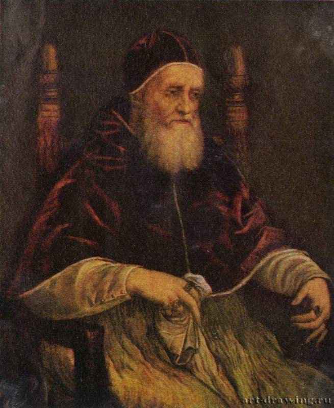 Портрет папы Юлия II. 1512 - Дерево, масло. Возрождение. Италия. Флоренция. Палаццо Питти. Копия, предположительно кисти Тициана.