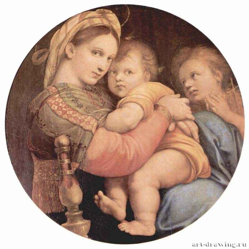 Мадонна в кресле. Мария с младенцем и Иоанном Крестителем. 1513-1514 - Диаметр 71 см. Дерево, масло. Возрождение. Италия. Флоренция. Палаццо Питти.
