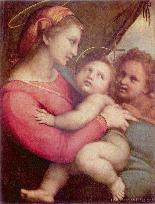 Мадонна перед занавесом. Мария с младенцем и Иоанном Крестителем. 1514 - 65,8 x 51,2 смДерево, маслоВозрождениеИталияМюнхен. Старая пинакотека