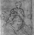 Мадонна с ангелами. 1508 - 176 х 136 мм. Перо на грунтованной сангиной бумаге. Вена. Собрание графики Альбертина.