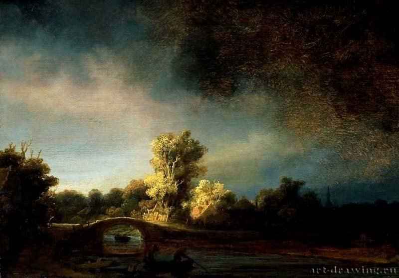 Пейзаж с каменным мостом. 1638 - 29,5 x 42,5 см. Дерево, масло. Барокко. Нидерланды (Голландия). Амстердам. Рейксмузеум.