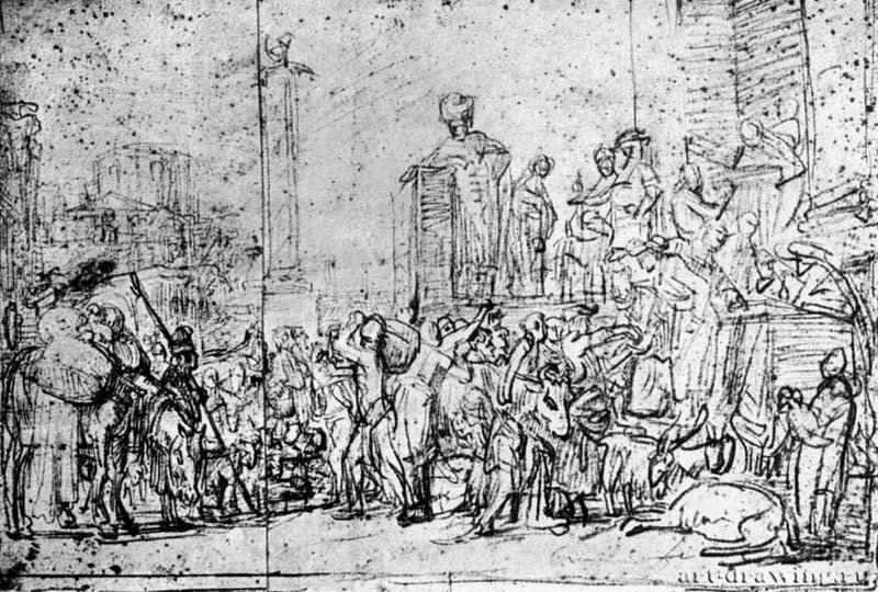 Иосиф раздает зерно в Египте. 1633-1637 - Черный мел 31,7 x 40,4 мм Альбертина Вена
