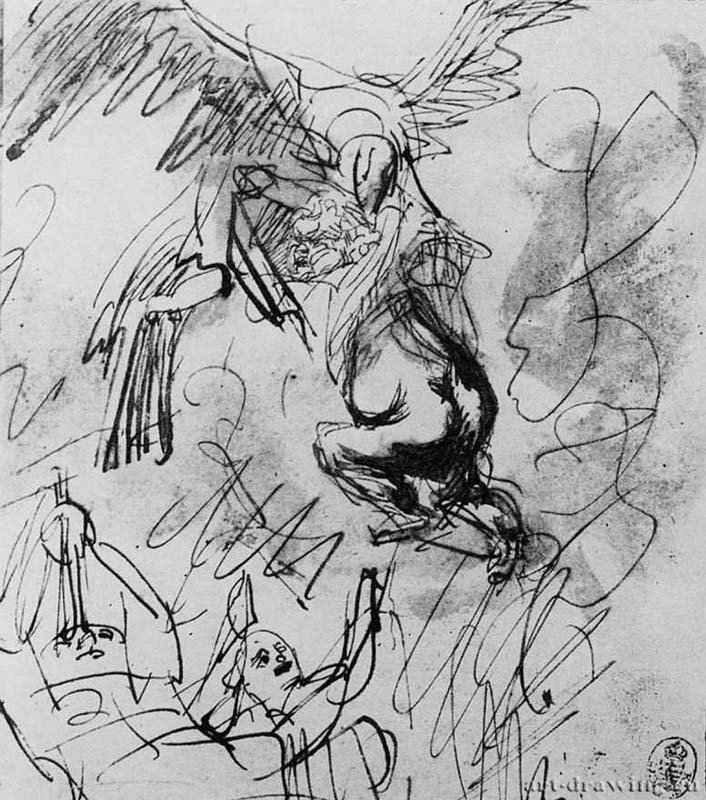 Зевс в облике орла, похищающий Ганимеда. 1635 - Бумага, перо, кисть, коричневый тон 18,8 x 16,2 Национальный музей Веймар