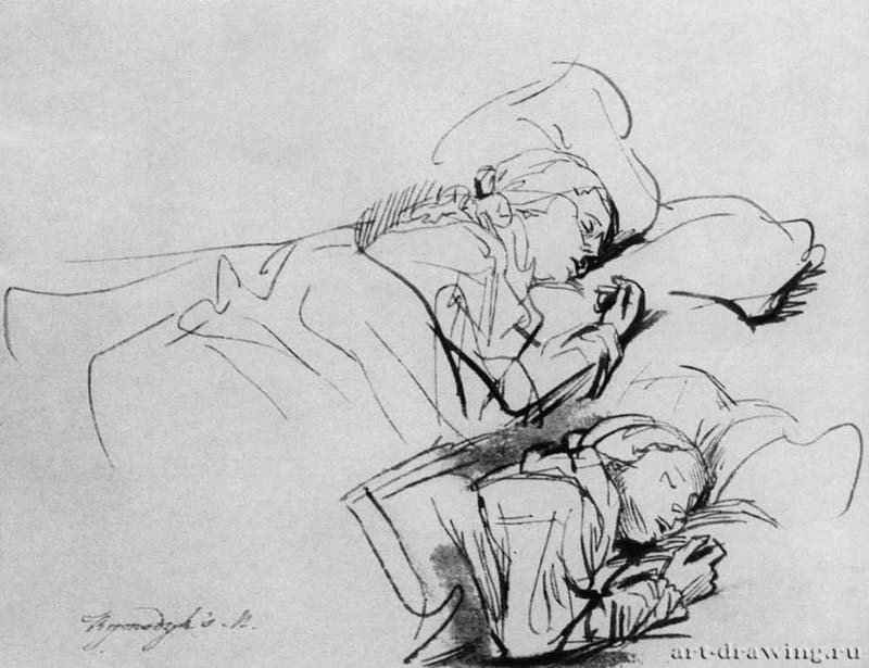 Два наброска спящей Саскии. 1635-1641 - Бумага, перо, кисть, коричневый тон 13 x 17,1 Библиотека Пирпонта Моргана Нью-Йорк