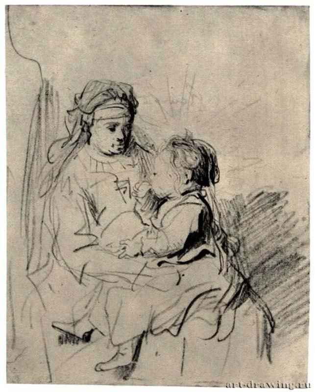 Няня, кормящая ребенка на коленях. 1635 - Черный мел на бумаге 165 x 130 мм Альбертина Вена
