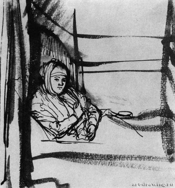 Саския, сидящая в постели. 1636-1637 - Бумага, перо, кисть, темно-коричневый тон 15,1 x 14 Гравюрный кабинет Дрезден