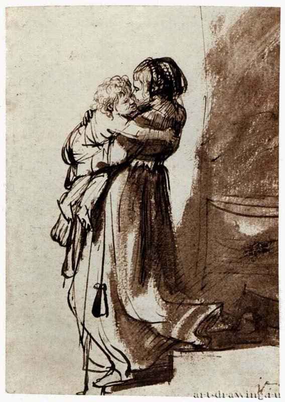 Женщина с ребенком, спускающаяся по лестнице. 1636 - Перо и отмывка коричневым тоном, на бумаге 187 x 133 мм Библиотека Пирпонта Моргана Нью-Йорк