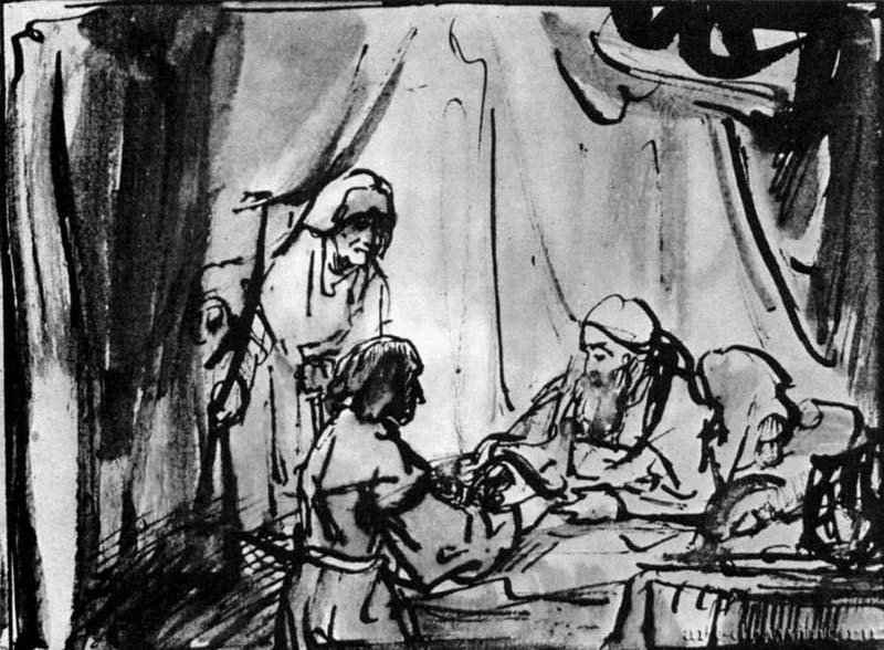 Исаак благославляет Иакова. 1636-1642 - Перо, отмывка, на бумаге 125 x 174 мм Музей Гронинген
