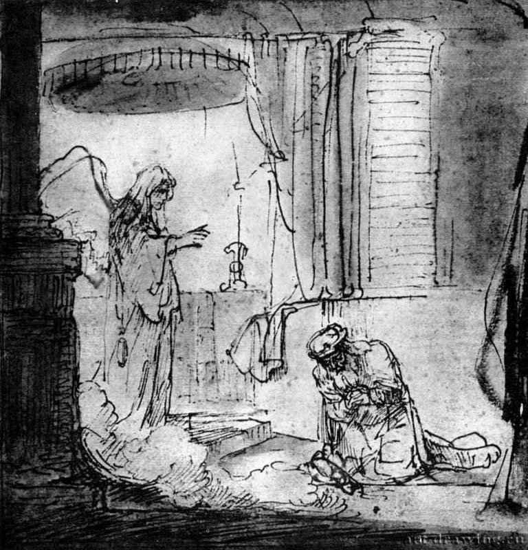 Благовещение Захарии. 1640 - Перо, отмывка 200 x 188 мм Художественный музей Фогг Кембридж (Массачусетс)