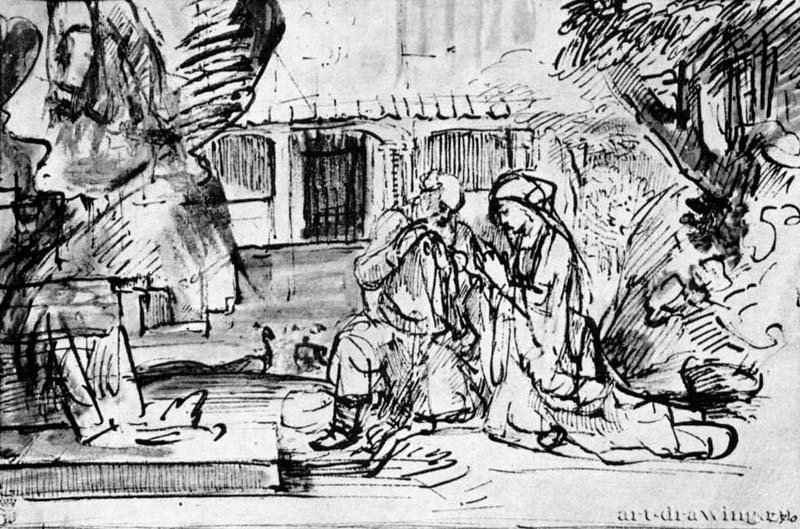 Маной с женой на молитве. 1641-1655 - Перо, отмывка 190 x 280 мм Собрание Рейнхарт Винтертур