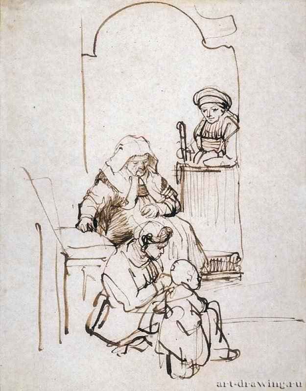Три женщины и ребенок у двери. 1645 - Тушь, перо 23,3 x 17,8 Риксмузеум Амстердам