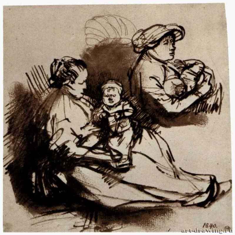 Этюд двух женщин с маленькими детьми. 1646 - Перо коричневым тоном, отмывка бистром, на бумаге 165 x 164 мм Национальная галерея, Собрание графики Стокгольм