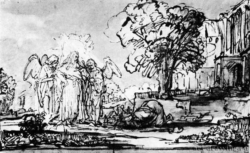 Посещение тремя ангелами Авраама. 1647-1650 - Перо, отмывка 176 x 203 мм Альбертина Вена