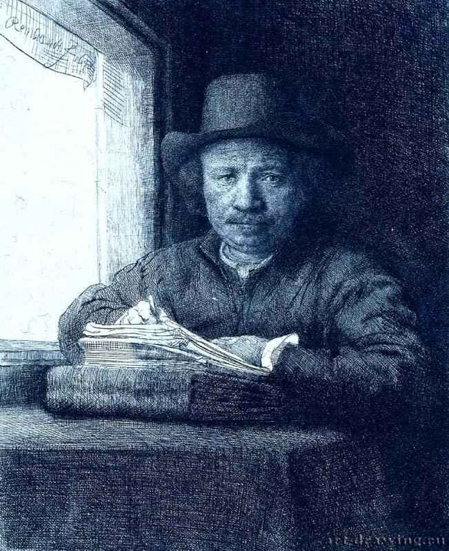 Автопортрет (Рембрандт, рисующий у окна). 1648 - Тушь, бумага, гравировка 16 x 13 Риксмузеум Амстердам