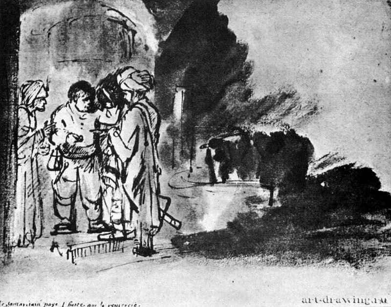 Милосердный самаритянин оплачивает гостиницу. 1648 - Перо, отмывка 177 x 222 мм Лувр Париж