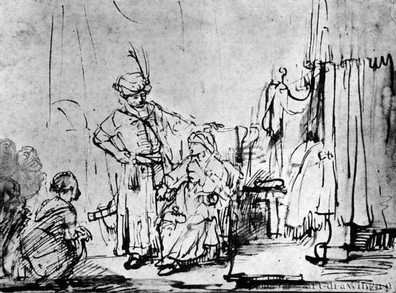 Жена Потифара обвиняет Иосифа. 1648-1649 - Перо, отмывка 201 x 267 мм Собрание Гунцбург Париж