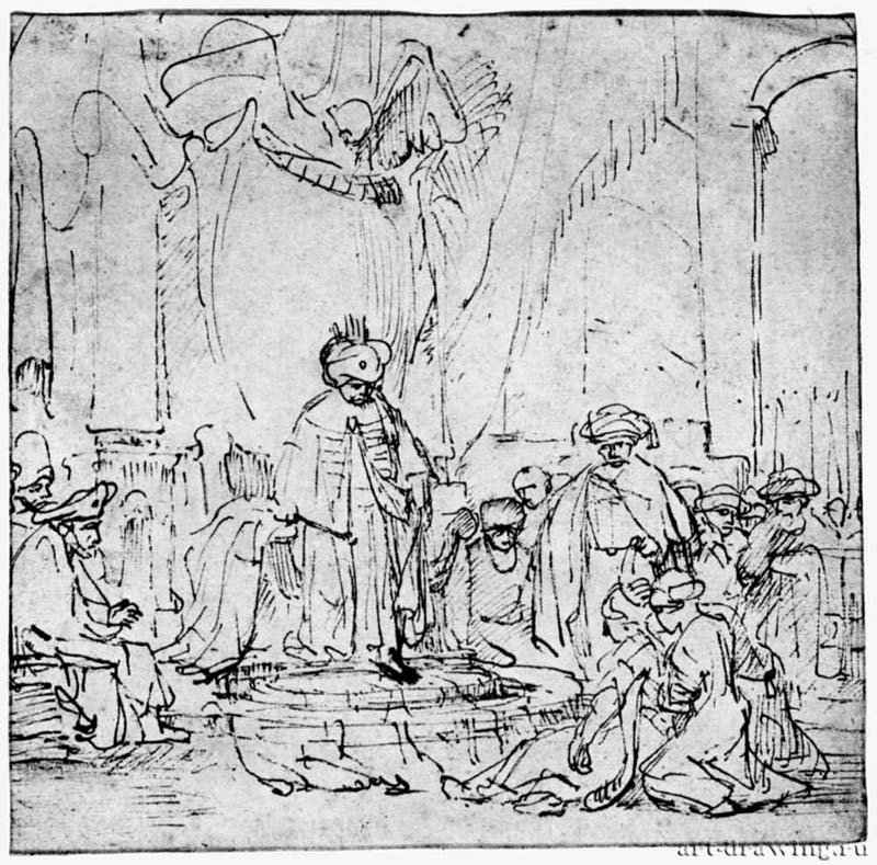 Есфирь падает в обморок перед царем. 1648-1650 - Перо 175 x 177 мм Риксмузеум Амстердам