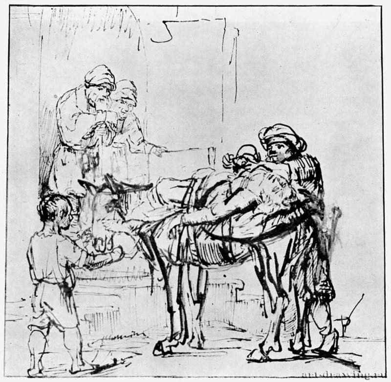 Милосердный самаритянин с раненым на постоялом дворе. 1648-1652 - Перо 197 x 205 мм Музей замка Веймар