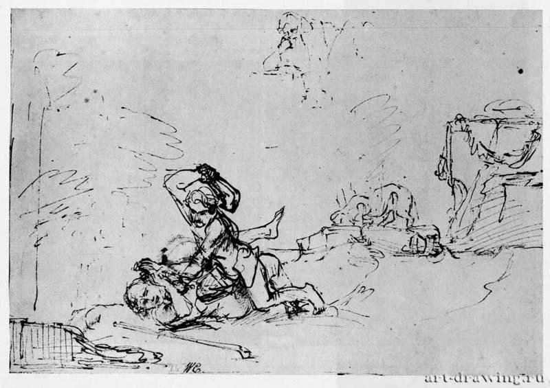 Каин убивает Авеля. 1650 - Перо бистром, отмывка, на бумаге, позднее переработан чужой рукой 175 x 230 мм Собрание Хирш Базель