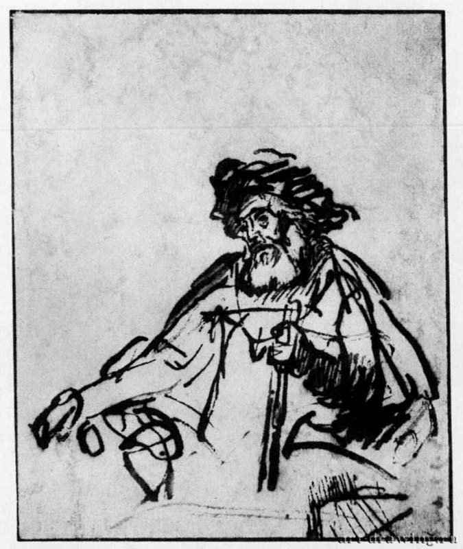 Сидящий мужчина с палкой. 1650 - Перо бистром, на бумаге 130 x 110 мм Гравюрный кабинет Государственных художественных собраний Дрезден