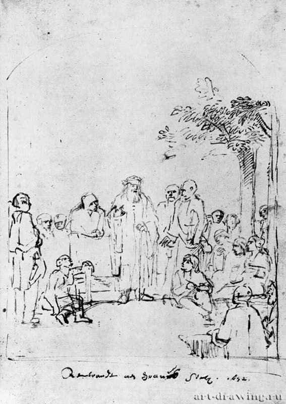 Гомер, диктующий стихи. 1652 - Тростниковое перо коричневым тоном, на бумаге 255 x 180 мм Собрание Сикс Амстердам