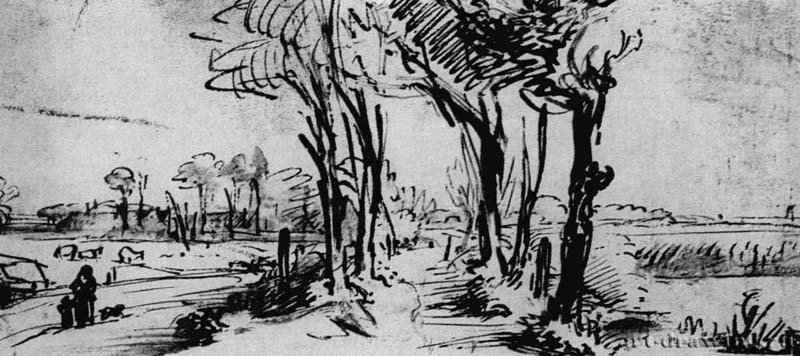 Дорога между каналом и польдером, обсаженная деревьями. 1654-1655 - Бумага, черно-коричневый тон 9,9 x 23,5 Гравюрный кабинет Берлин