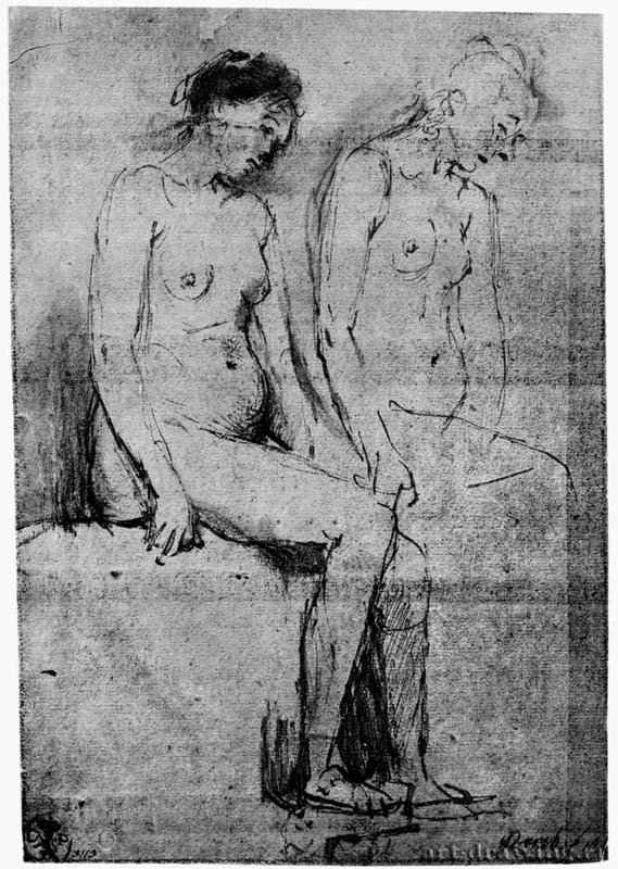 Лист с этюдами двух обнаженных, сидящих в полупрофиль. 1654-1656 - Перо бистром, отмывка, на коричневатой бумаге 256 x 180 мм Маурицхёйз Гаага