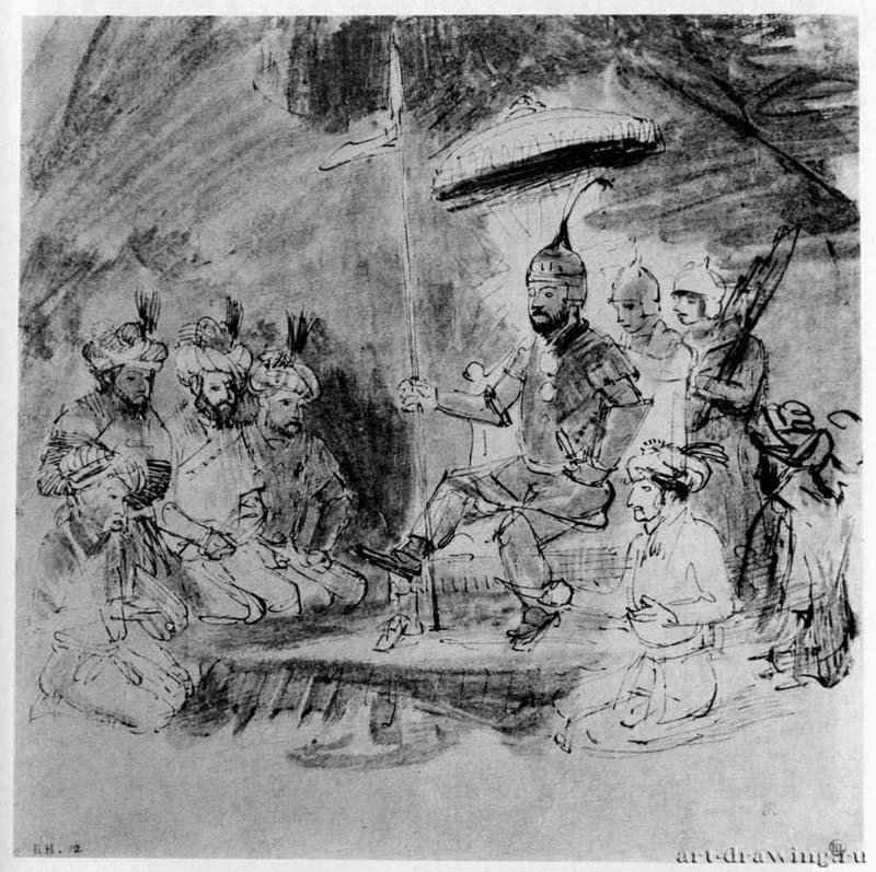 Император Тимур на троне. 1654-1656 - Перо черным тоном, отмывка тушью, на японской бумаге 186 x 187 мм Лувр Париж