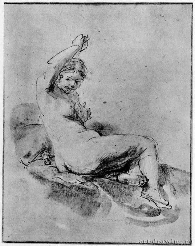 Лежащая обнаженная натурщица. 1654-1656 - Перо бистром, отмывка, на бумаге 233 x 178 мм Художественный институт Чикаго