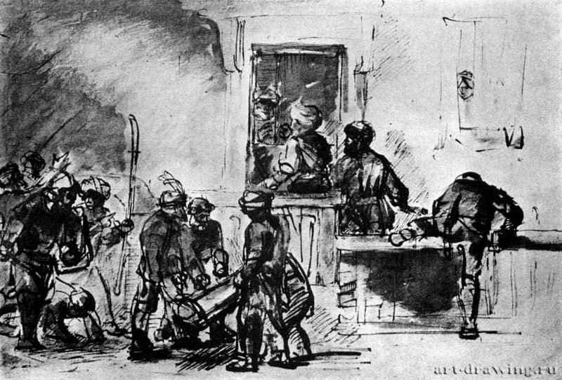 Жители Содома перед домом Лота. 1655 - Перо, отмывка 184 x 270 мм Собрание Тюро-Данжен Париж