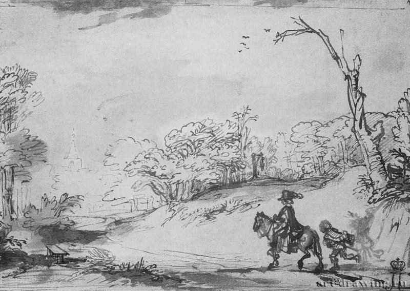 Пейзаж с всадником. 1656 - Бумага, перо, тушь 16,5 x 23 Эрмитаж Санкт-Петербург