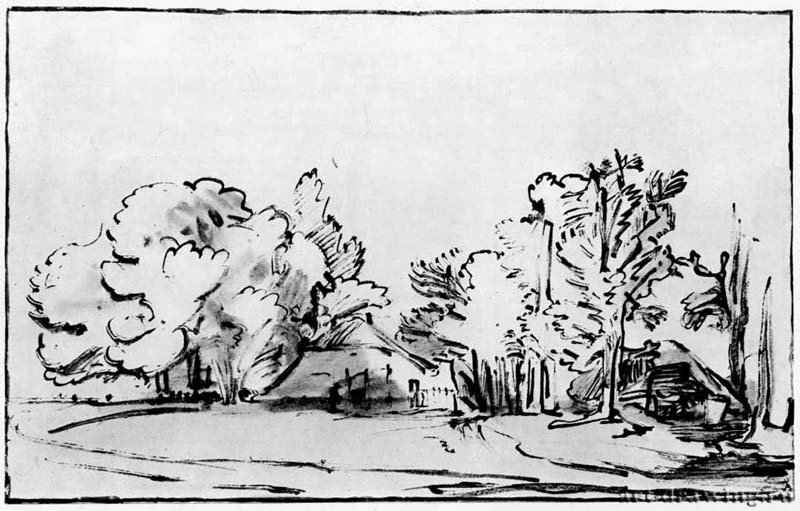 Два крестьянских дома. 1657-1658 - Тростниковое перо и отмывка коричневым тоном, на бумаге 195 x 310 мм Гравюрный кабинет Берлин