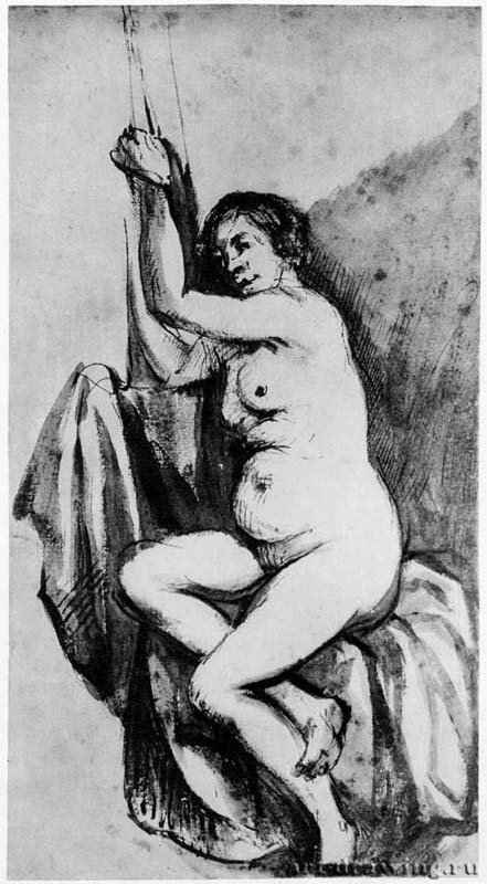 Сидящая обнаженная натурщица. 1661 - Перо и кисть бистром, отмывка, на зеленоватой бумаге 292 x 155 мм Риксмузеум Амстердам
