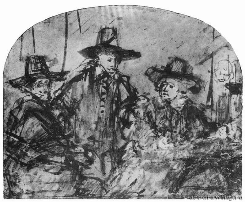 Набросок к левой группе "Синдиков".1662 - Бумага, тростниковое перо, коричневый тон, размывка 17,3 x 20,5 Гравюрный кабинет Берлин