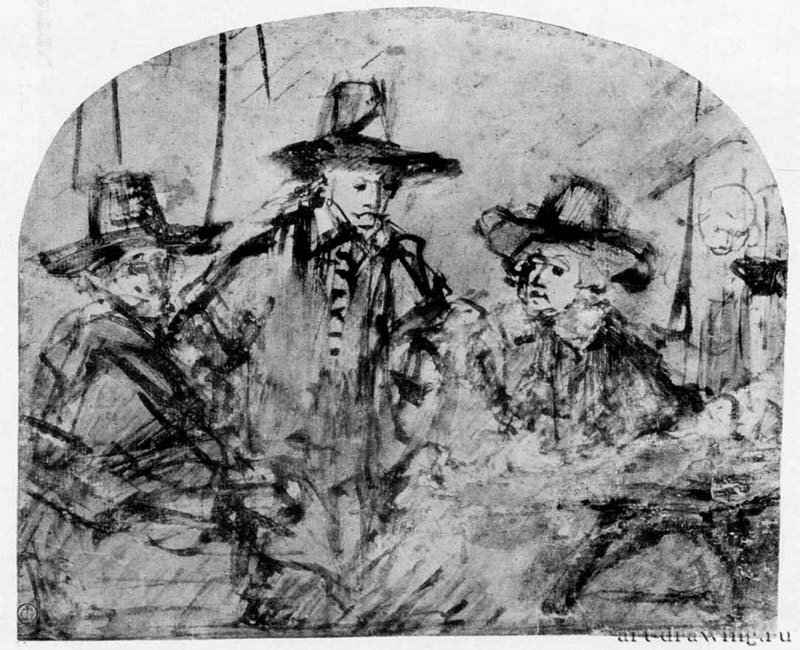 Три представителя цеха (синдики). 1662 - Тростниковое перо бистром, отмывка, подсветка белым, на бумаге 173 x 205 мм Гравюрный кабинет Берлин