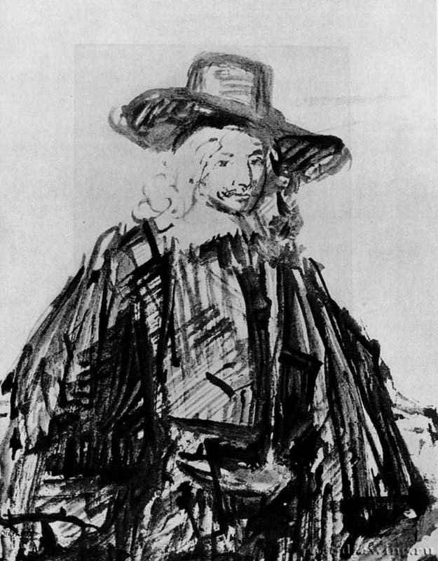 Портрет мужчины. 1662-1665 - Тростниковое перо бистром, подсветка белым, на бумаге 247 x 192 мм Лувр Париж