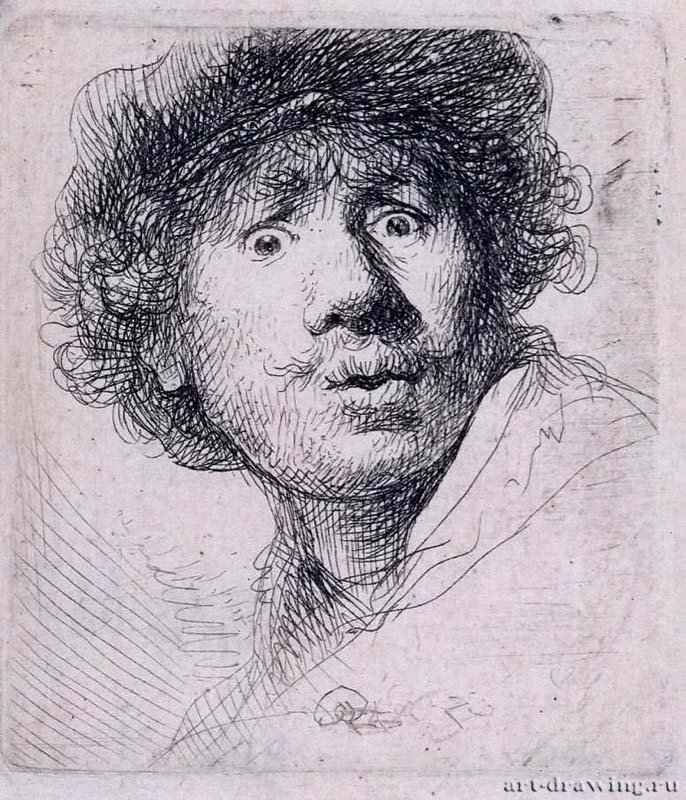 Автопортрет в шляпе с открытым ртом. 1630 - Гравюра 5,1 x 4,6 Риксмузеум Амстердам