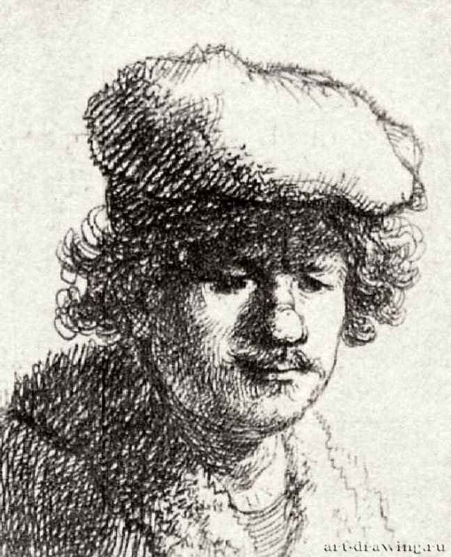 Автопортрет в надвинутой на лоб шапке. 1631 - Офорт 50 x 42 мм Собрание Я. де Брёйна