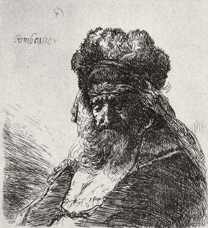 Старик в высокой меховой шапке с опущенными глазами. 1635 - Офорт 113 x 102 мм Собрание Я. де Брёйна