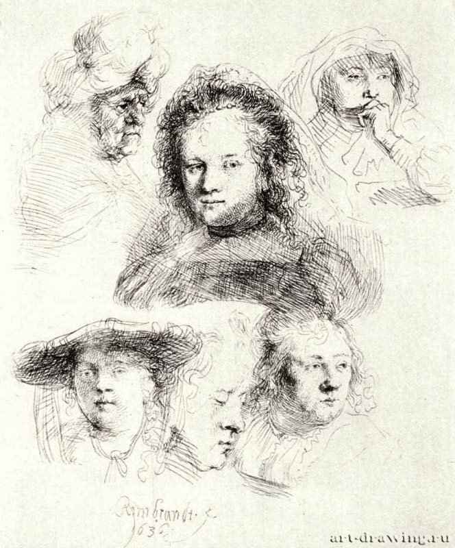 Лист этюдов с шестью женскими головами. 1636 - Офорт 151 x 124 мм Собрание Я. де Брёйна