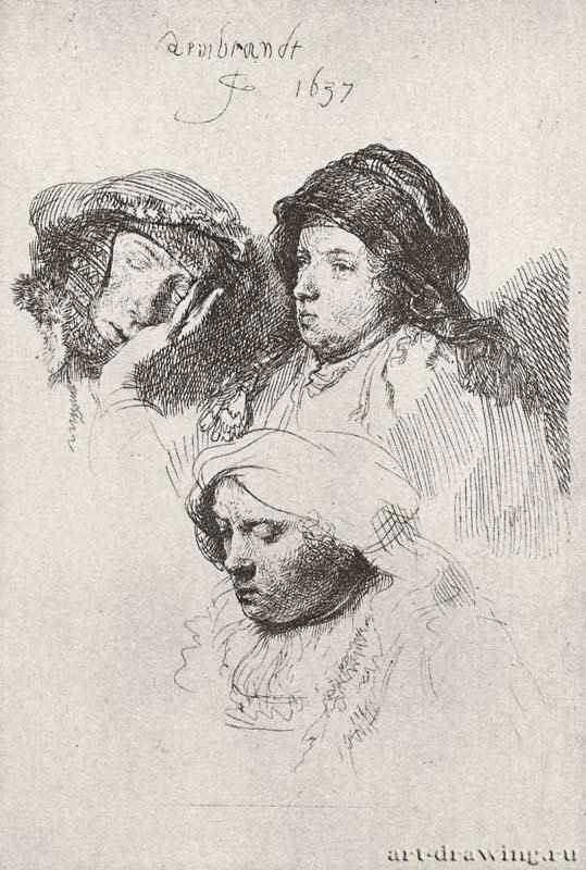 Лист с этюдами трех женских голов. 1637 - Офорт 133 x 97 мм Собрание Я. де Брёйна