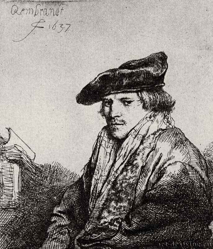Портрет задумавшегося молодого мужчины. 1637 - Офорт 97 x 81 мм Собрание Я. де Брёйна