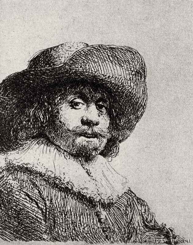 Портрет мужчины в широкополой шляпе. 1638 - Офорт 79 x 65 мм Собрание Я. де Брёйна